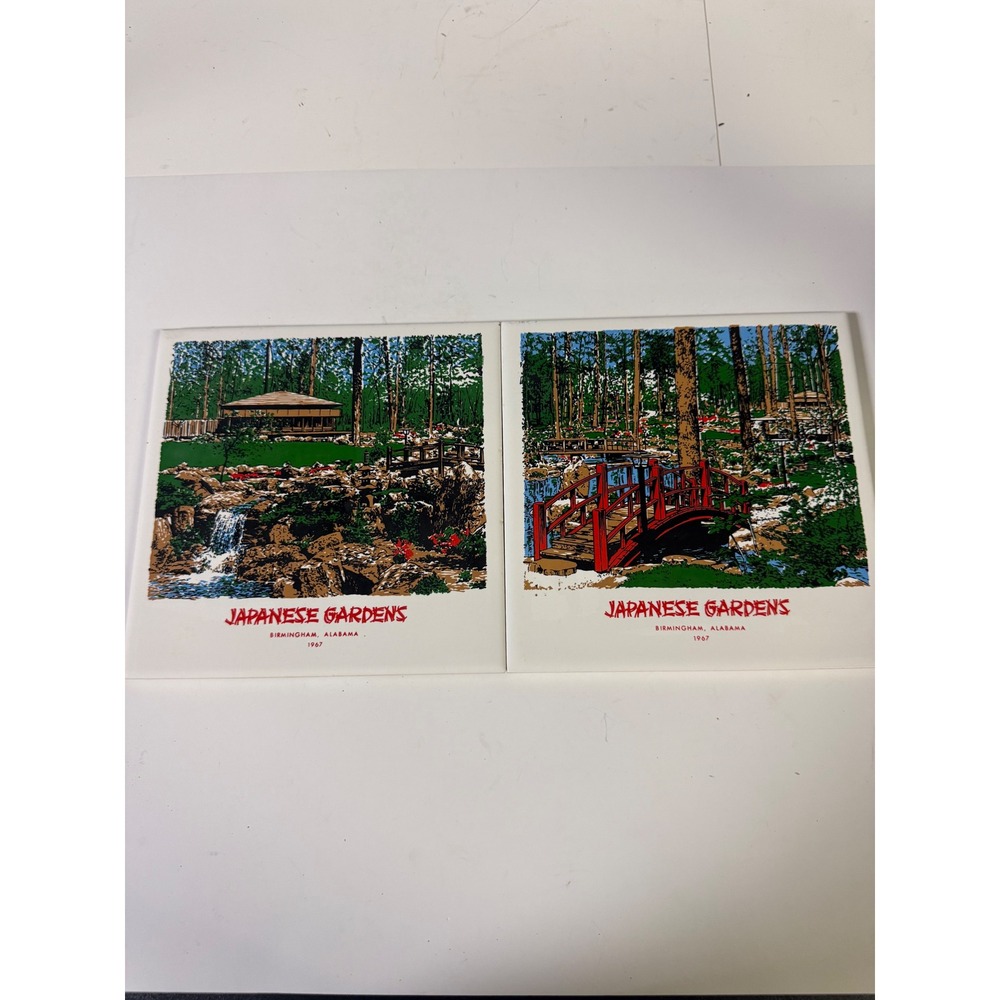 Vintage 1967 Birmingham Alabama Japanese Gardens Ceramic Tiles Set of 2